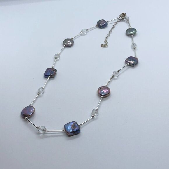 Stunning Sterling Silver, Crystal & Circle/ Square Button Pearl Vintage Necklace - Picture 7 of 7